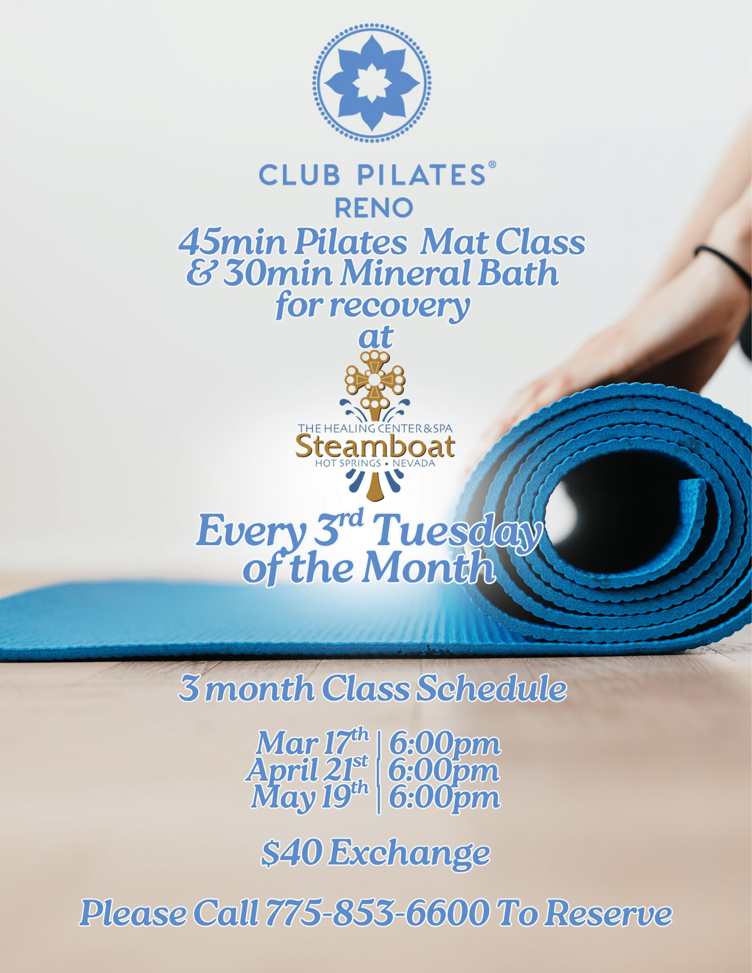 Pilates-Mattenkurs + Mineralbad-Erlebnis mit Club Pilates Reno💗
